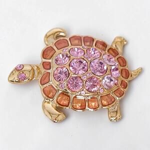 intage Rhinestone Turtle Brooch Pin Gold Tone Pink Crystal Excellent Condition